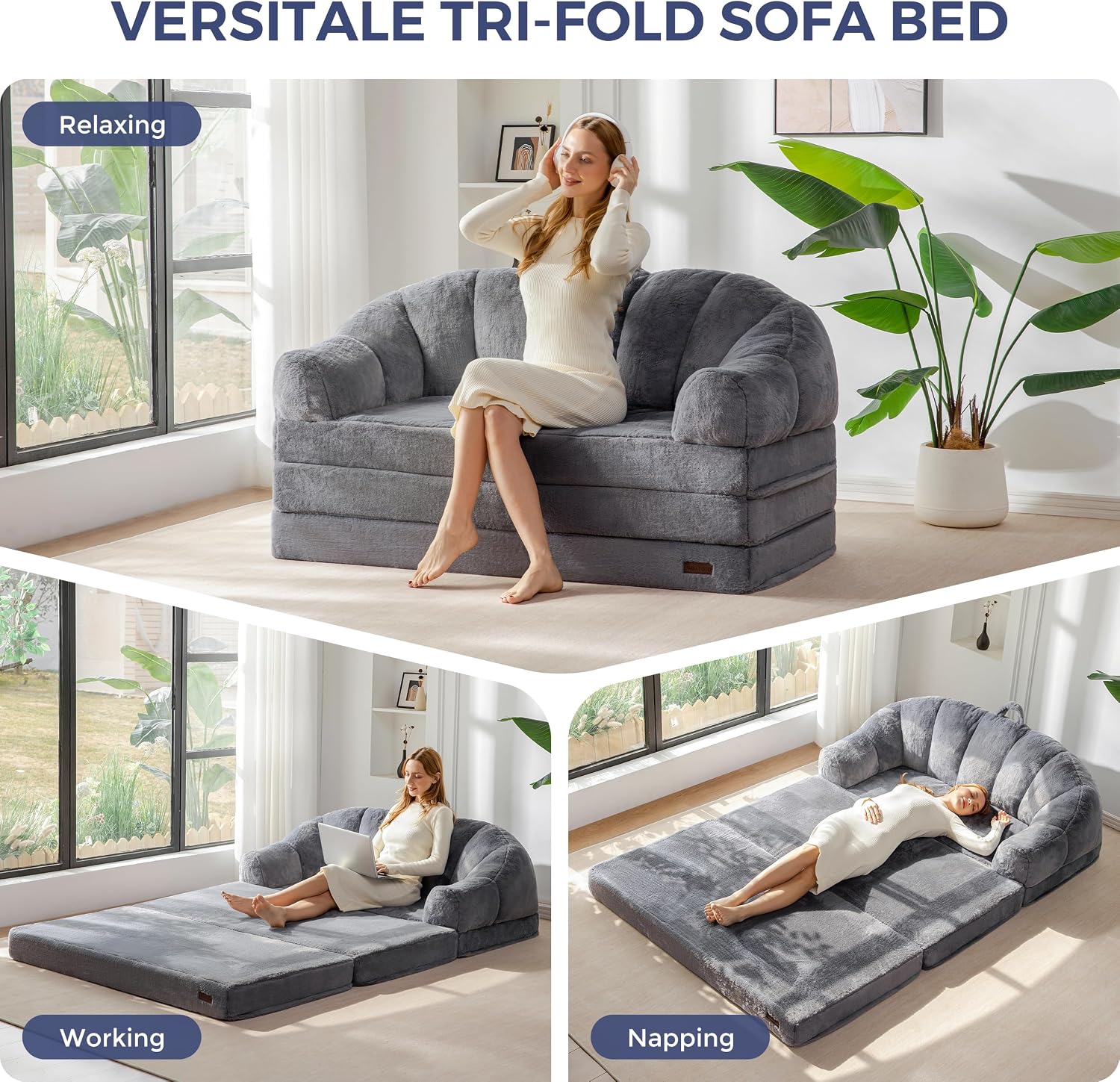 MAXYOYO Folding Sofa Bed, 2 in 1 Convertible Sofa to Lounger Comfy Loveseat Bean Bag Chair for Adults, Floor Sleeper Couch with Handle, Faux Fur Couch Bed for Living Room Bedroom, Grey, Loveseat