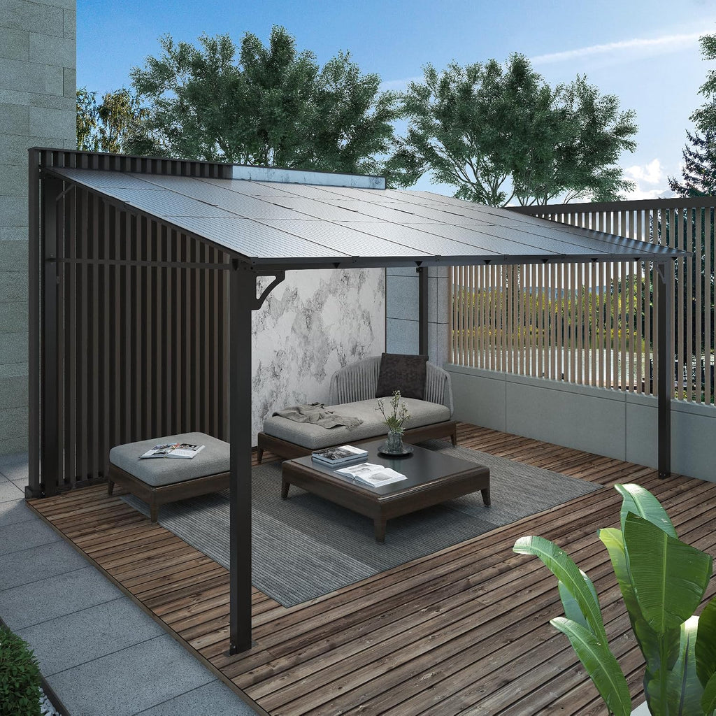 12'x 16'Wall Mounted Gazebo, Hardtop Lean-to Pergola with Polycarbonate Roof, Heavy Duty Outdoor Patio Awnings for Deck, Porch, Backyard, Garden, Weather Resistant, Brown