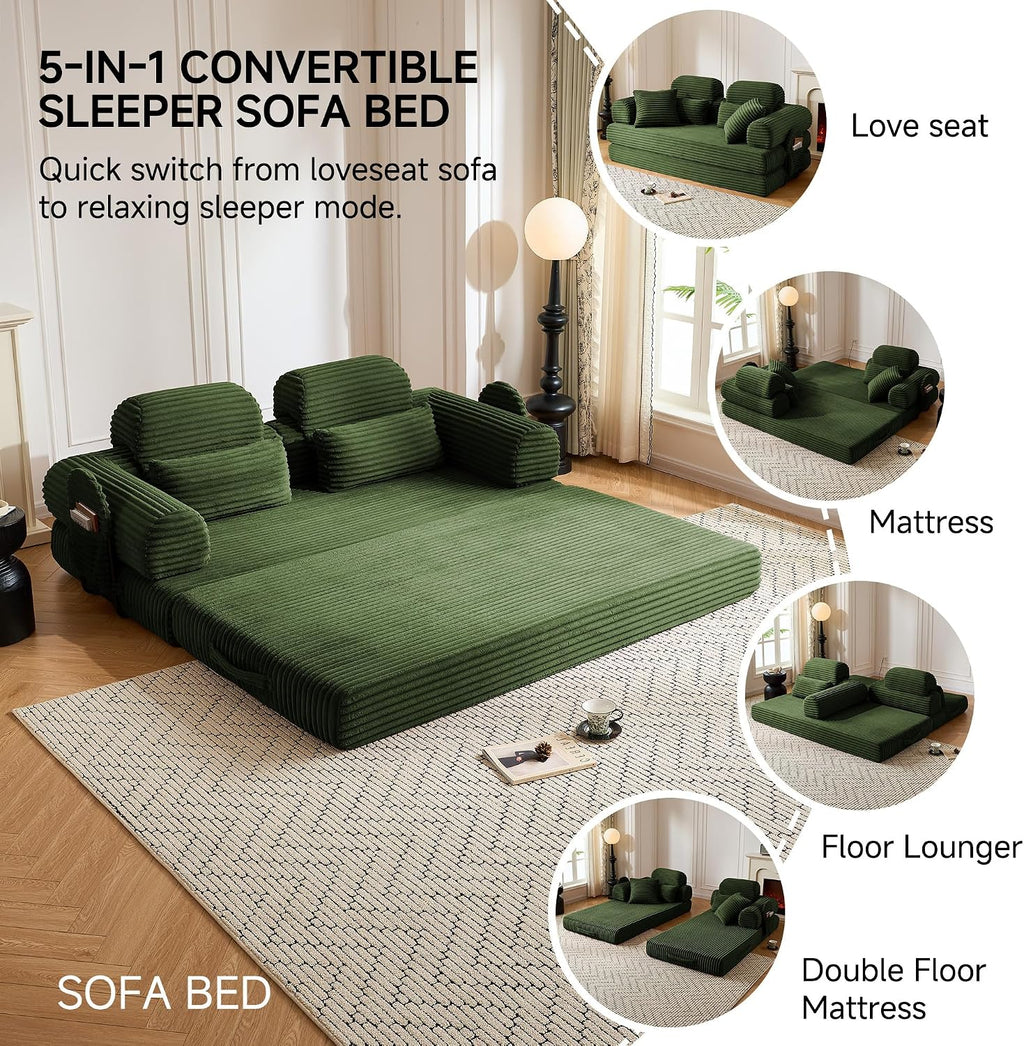 79' Sofa Bed, Deep Seat 32' Sleeper Sofa, 5-in-1 Convertible Sofa Bed, Boneless Couch in a Box, Corduroy Floor Futon with Thickened backrest and Headrest Pillows, Side Pockets, Dark Green