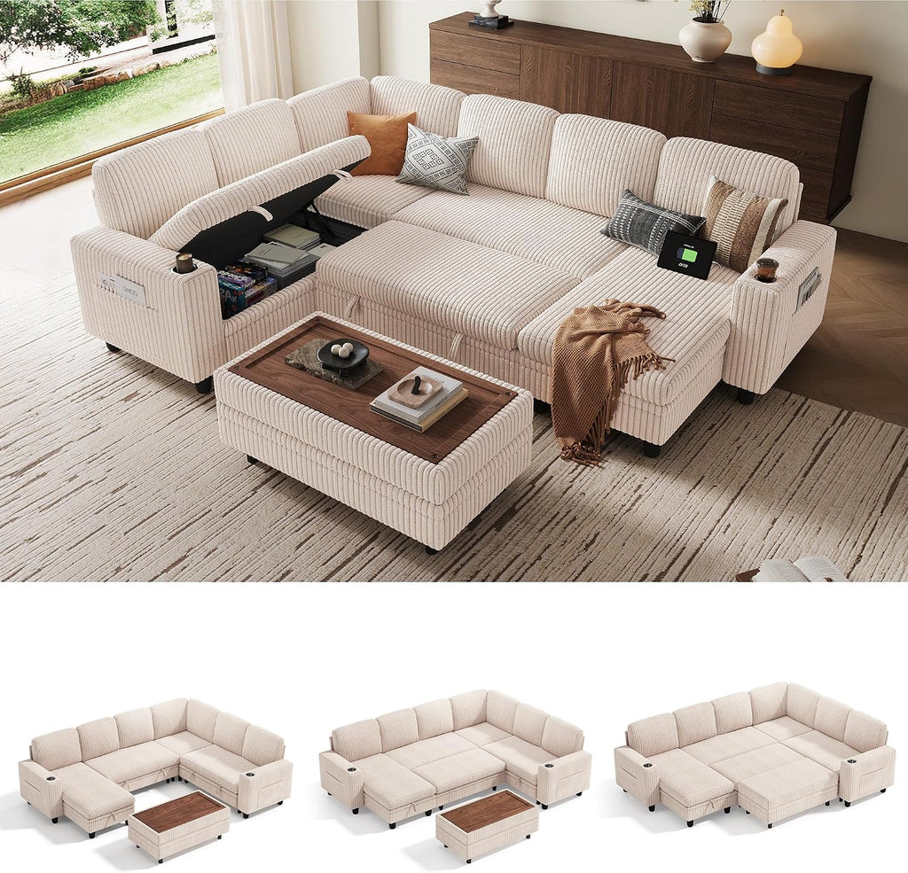 LINSY HOME Sectional Sleeper Sofa with Pull Out Couch Bed for Living Room (Beige) | Plush Corduroy, Storage Ottoman, Storage Chaise, Pull Out Couch, USB Charging