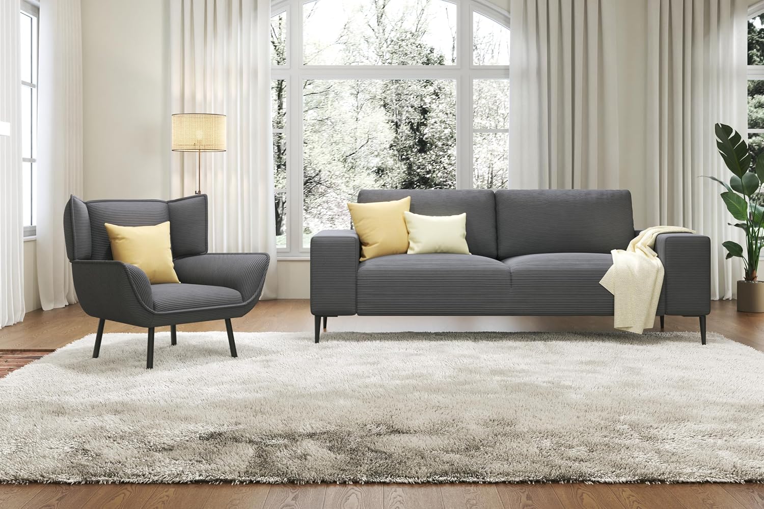 AMERLIFE 89-Inch 3-Seater Couch - Cozy Sofa with Extra Deep Seats, Modern Chair Set for Living Room, Grey Corduroy