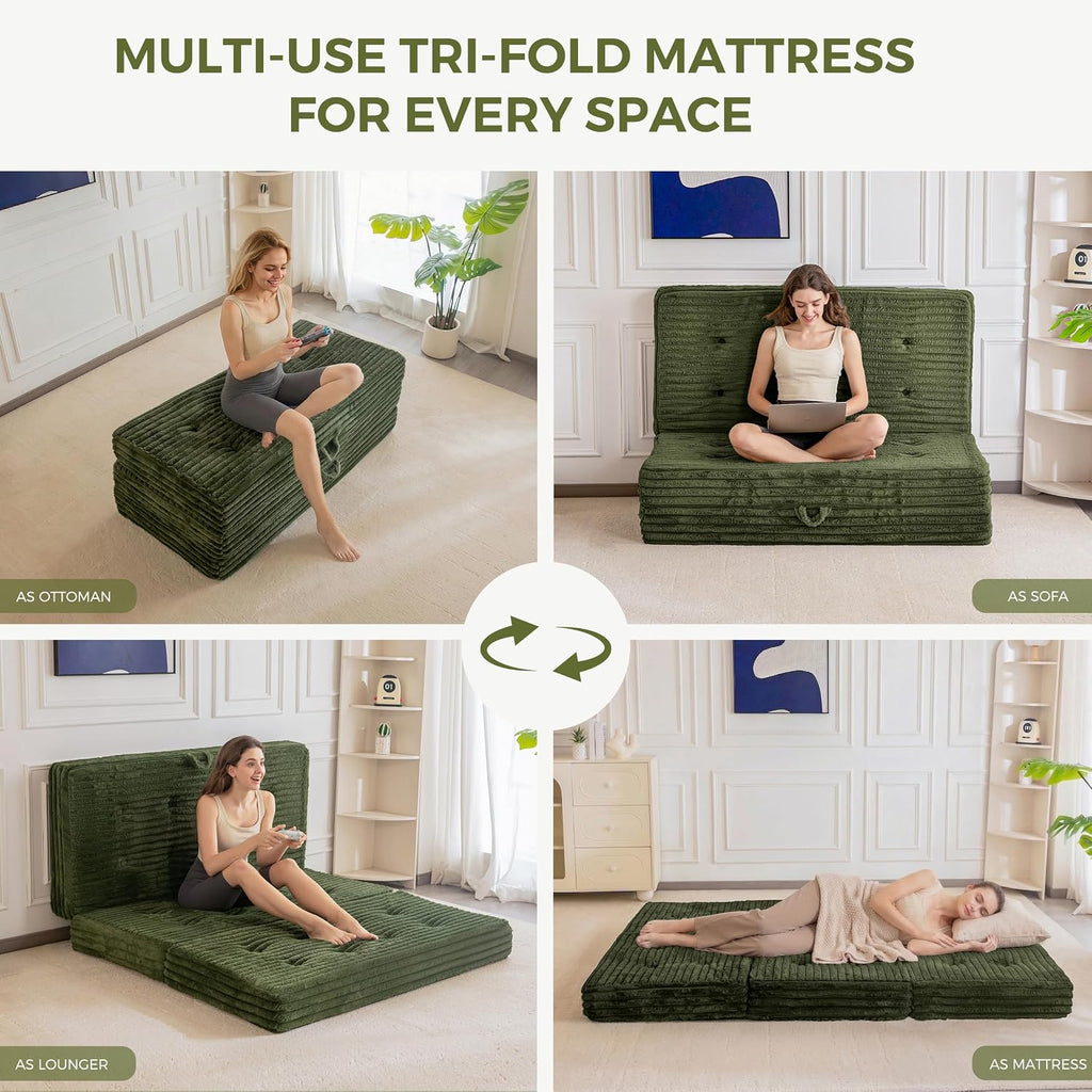MAXYOYO Folding Sofa Couch Bed, 6 Inch Tri-Fold Floor Sofa Bed, Folding Mattress with Handles, Soft Faux Fur Folding Bed with Supportive Foam Filling, Portable Couch for Living Room, Twin, Dark Green
