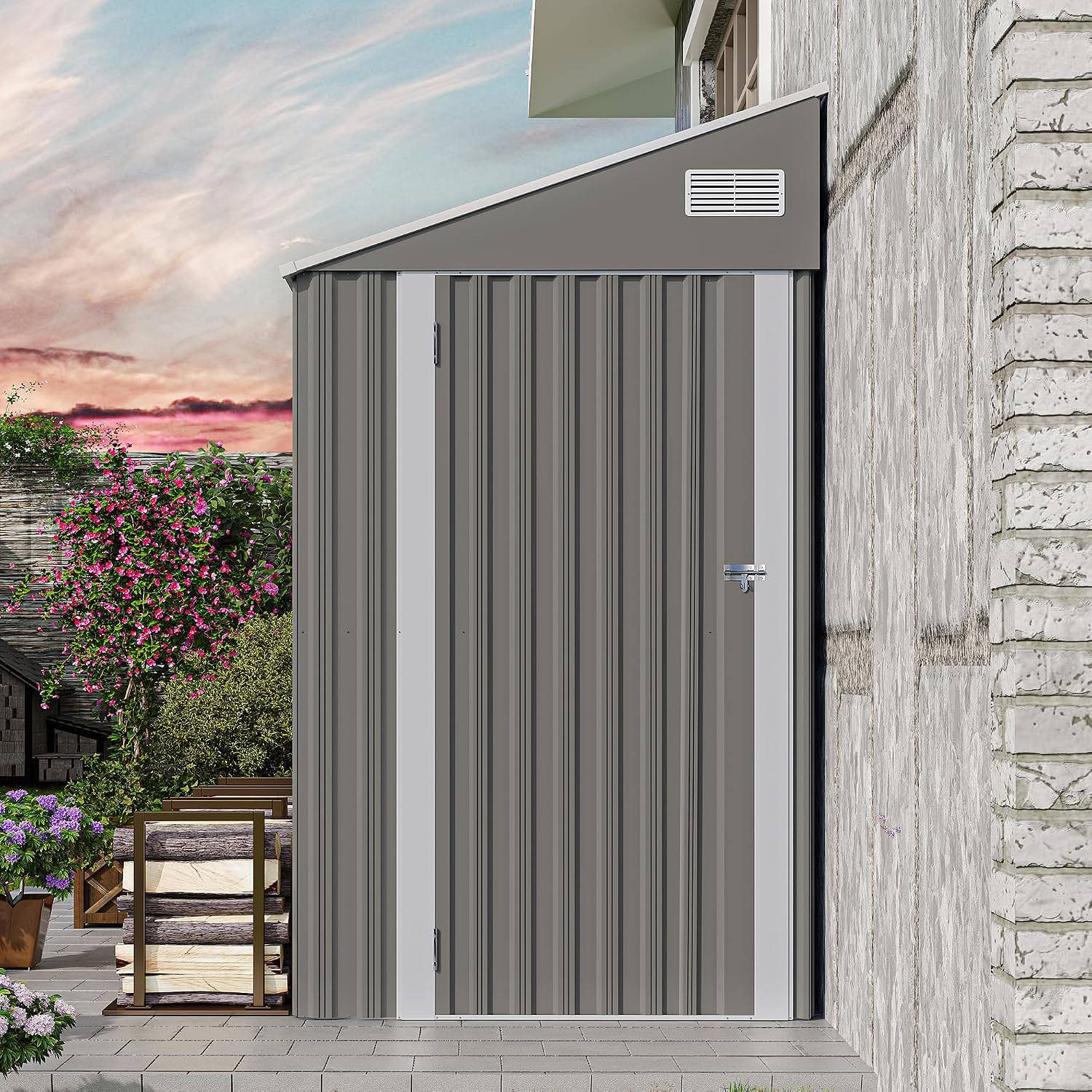YOPTO 4x8 FT Outdoor Metal Storage Shed,Waterproof Lean to Tool Sheds,Heavy-Duty Unit with Single Hinge Side Door and Ventilation Windows,Weather Resistant,for Backyard,Patio,Lawn,Dark Gray