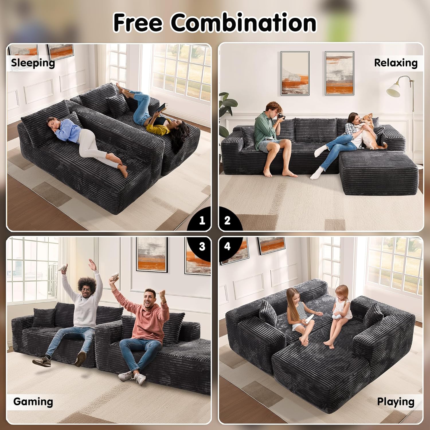 ovios 104' Cloud Boneless Couch with L-Shape Chaise,Modern Sectional Modular Sofa with Deep Seat, Upholstered Couches for Living Room Bedroom,No Assembly Required, Grey (Plush Corduroy Fabric)