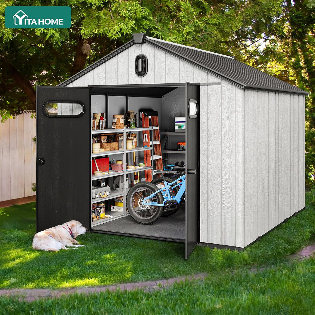 YITAHOME 8x10ft Outdoor Plastic Storage Shed with Floor, Extra Thick Waterproof Garden Shed with Lockable Door, Oval Vision Windows &Vents, 16mm Heavy Duty Tool Storage for Patio, Lawn, Bikes, Gray