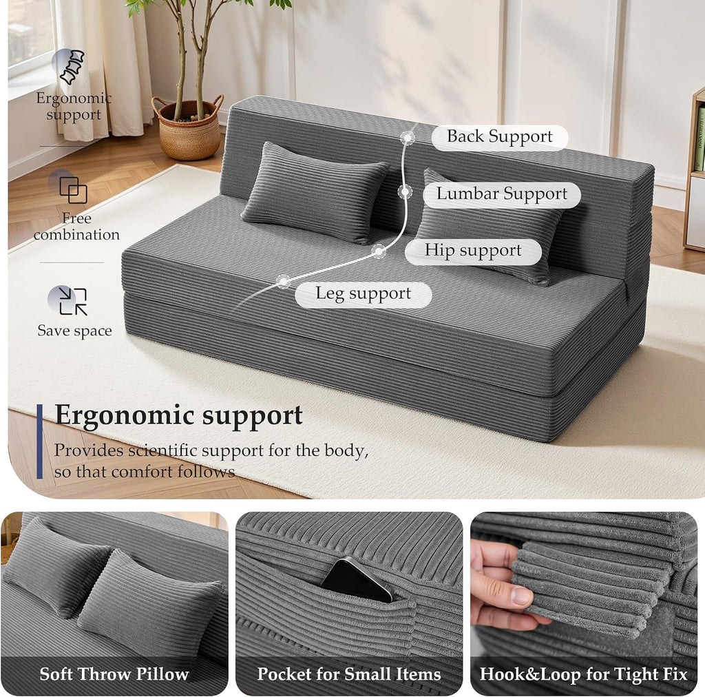 Youzi Folding Sofa Bed Convertible Sleeper Chair with Pillow, 4-in-1 Foldable Mattress Futon Couch Bed to Lounge Chair for Living Room, Bedroom, Dorm & Guest, Washable Cover, Dark Gray, Queen