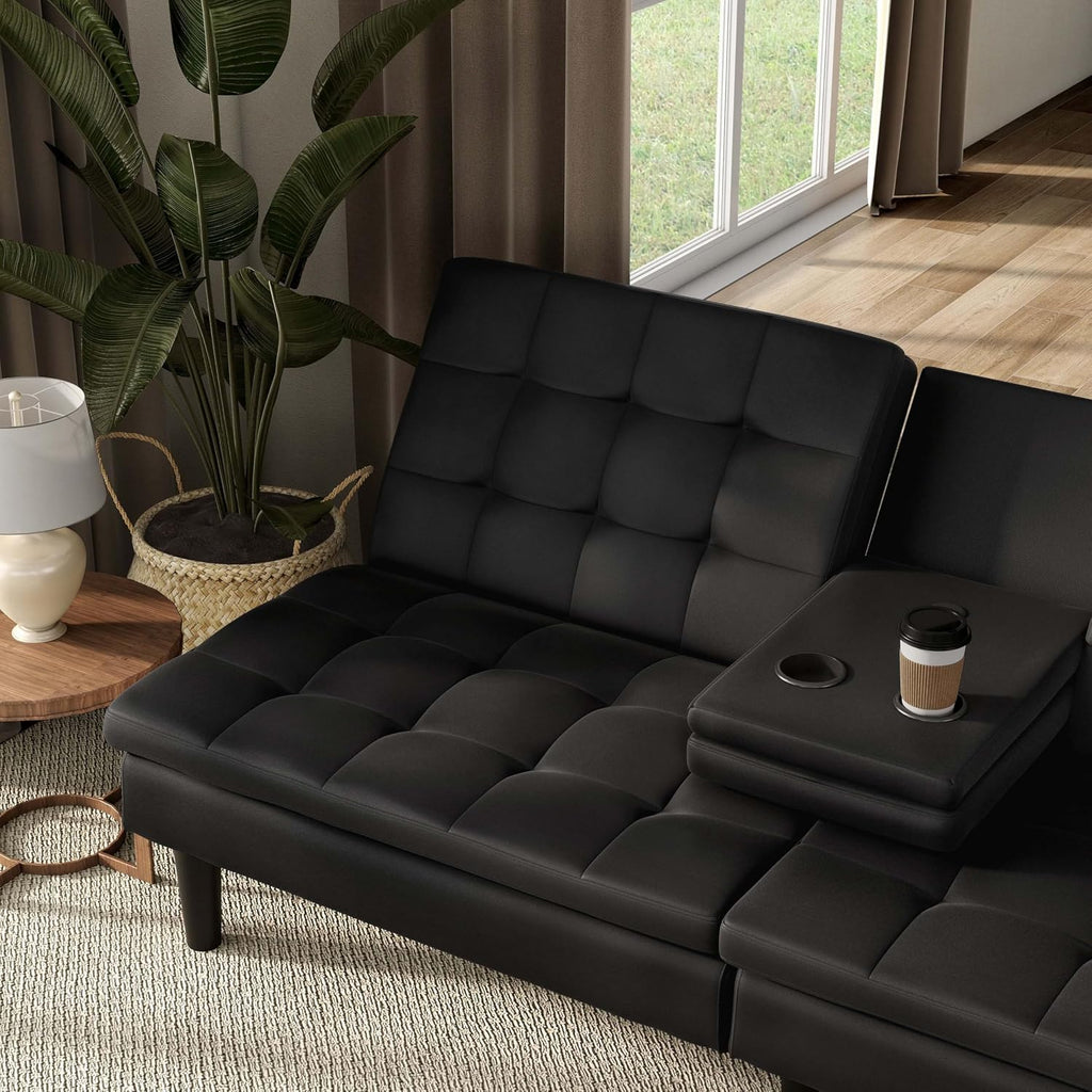 Furniture of America Fallein Modern Contemporary Wood 71.5-inch Futon Sofa Bed with Drop-Down Table, Cup Holders, USB-A Charger, Biscuit Tufting for Bedroom, Guest Room, Black