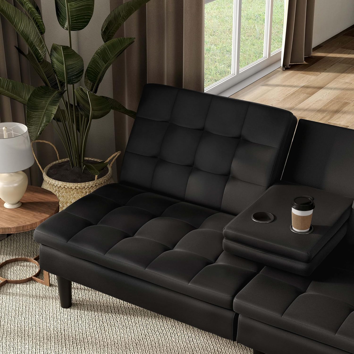 Furniture of America Fallein Modern Contemporary Wood 71.5-inch Futon Sofa Bed with Drop-Down Table, Cup Holders, USB-A Charger, Biscuit Tufting for Bedroom, Guest Room, Black