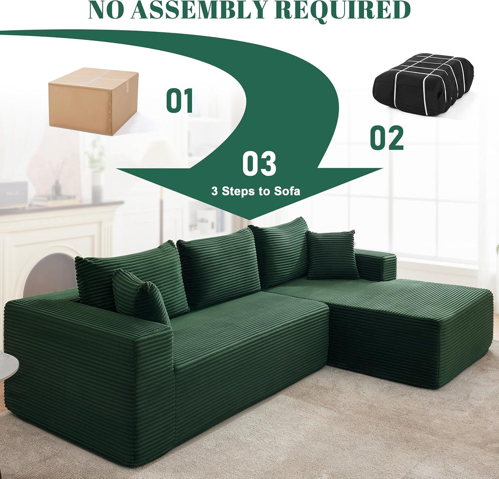 Mangodan 110' Cloud Sectional Couch, Boneless Sofa for Living Room, Modular Sectional Sofa with Deep Seat, Comfy Fluffy Couch with L-Shaped Chaise, No Assembly Required (Right-Facing Chaise, Green)
