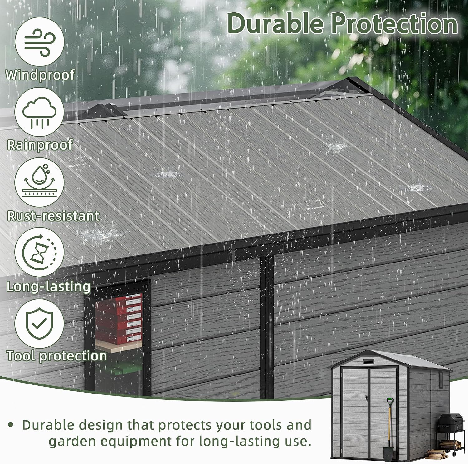 6X6 FT Plastic Outdoor Storage Shed, Double Door Tool Shed with Vent, Lockable Door with Key, Storing Patio Furniture, Gardening Tools, and Bicycle Accessories