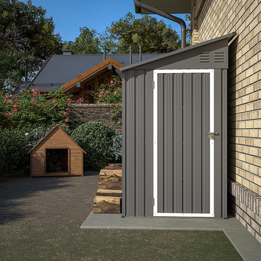 YOPTO 4×8 FT Lean to Metal Shed,Outdoor Heavy-Duty Storage Shed with Floor Base,All Weather Waterproof Garden Tool House W/Lockable Door&2 Air Vents,Reversible Door Design,for Backyard,Patio,Lawn,Gray