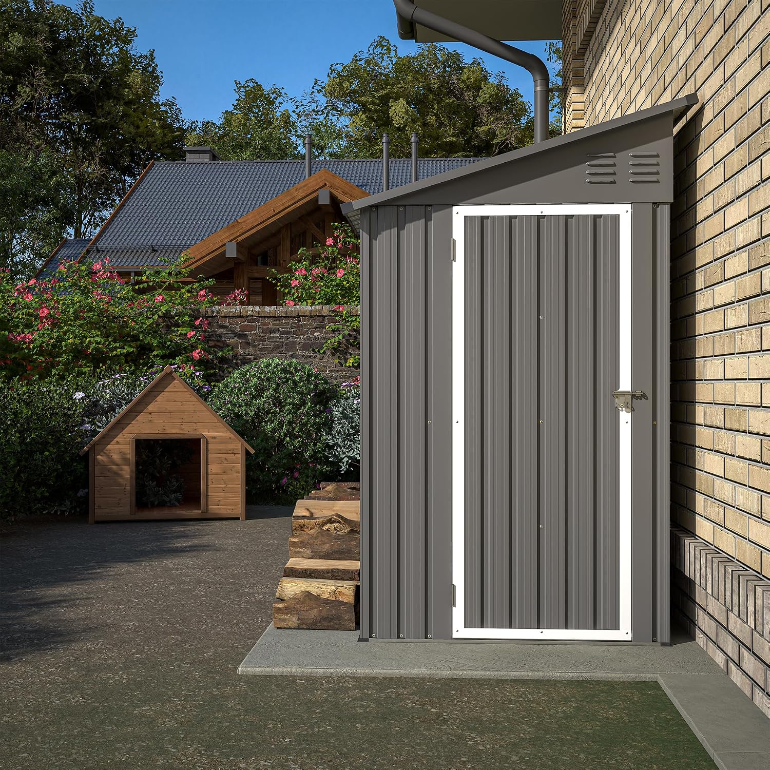 YOPTO 4×8 FT Lean to Metal Shed,Outdoor Heavy-Duty Storage Shed with Floor Base,All Weather Waterproof Garden Tool House W/Lockable Door&2 Air Vents,Reversible Door Design,for Backyard,Patio,Lawn,Gray