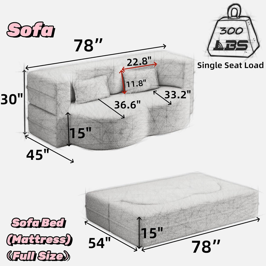 2-in-1 Folding Convertible Sofa Bed,78 Inch Convertible Boneless Couch with Pilow Foldable Matress, Corduroy Loveseat Sleeper Pull Out Bed Floor Sofa Modular Futon Couch (Corduroy, Dark Grey)