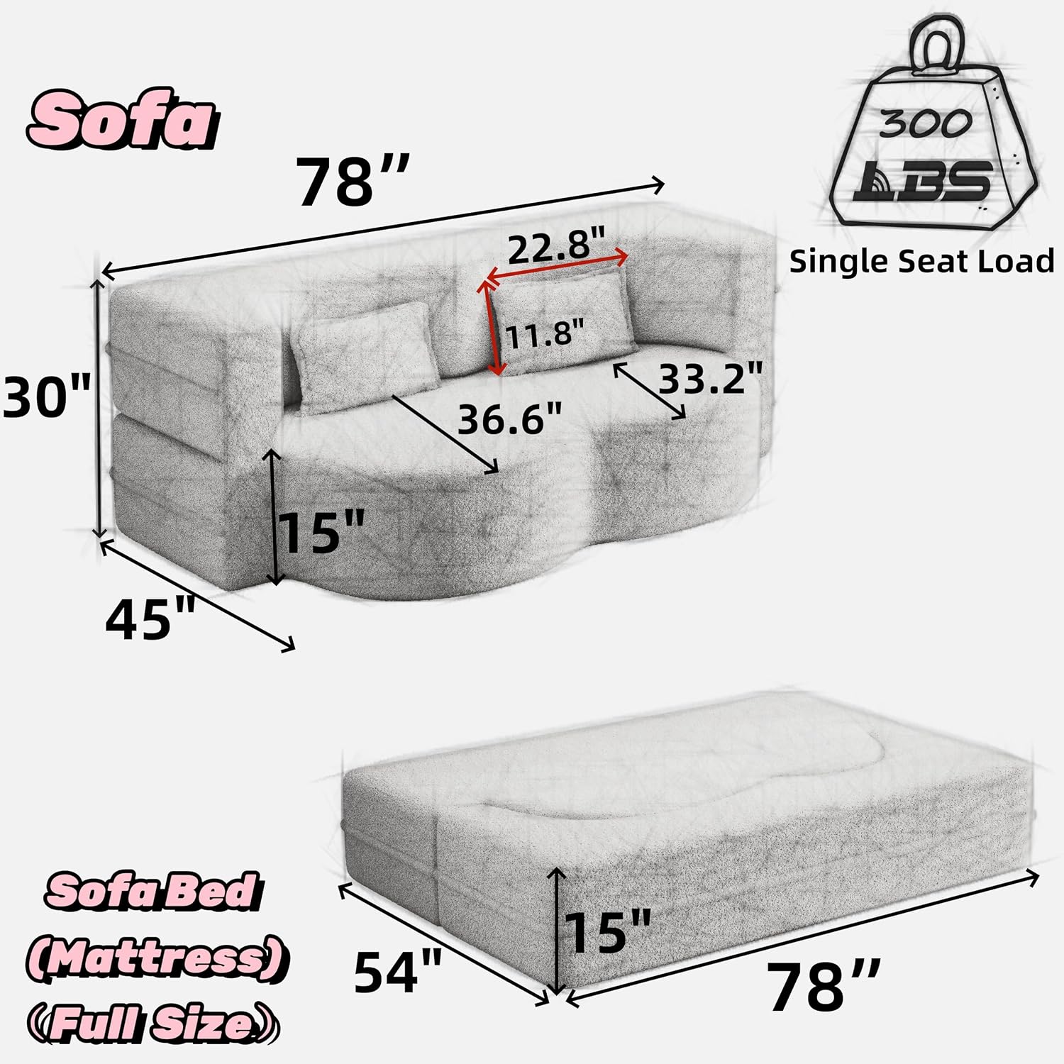 2-in-1 Folding Convertible Sofa Bed,78 Inch Convertible Boneless Couch with Pilow Foldable Matress, Teddy Loveseat Sleeper Pull Out Bed Floor Sofa Modular Futon Couch (Teddy, Green)