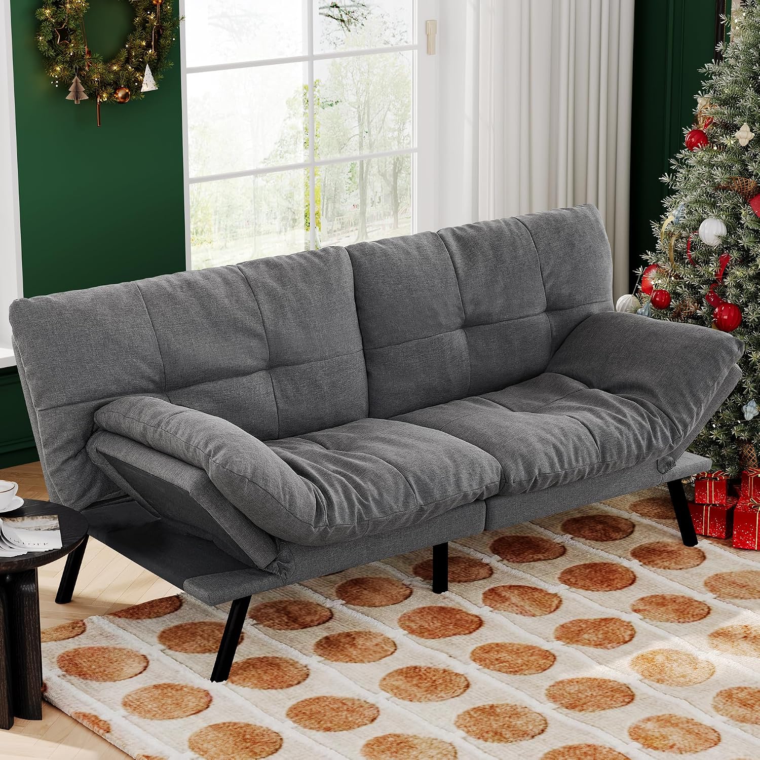 Convertible Futon Sofa Bed,71' Modern Fabric Futon Couch with Adjustable Backrest&Armrest,Small Loveseat Sleeper Sofa,Dorm Futonsofa for Apartment,Living Room,Detachable Cushions,Fog Grey