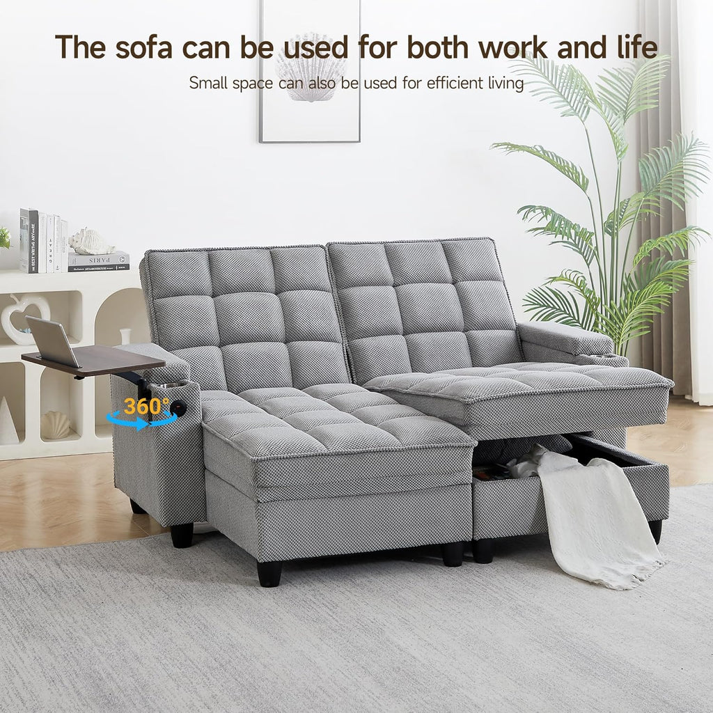 70.9' Chaise Lounge Chair Indoor, Oversized Boucle Upholstered Sofa Bed, Adjustable Backrest Deep Seat Reading Chair, Sofas Couches for Living Room with Storage, Cup Holders and 360° Swivel Side Table