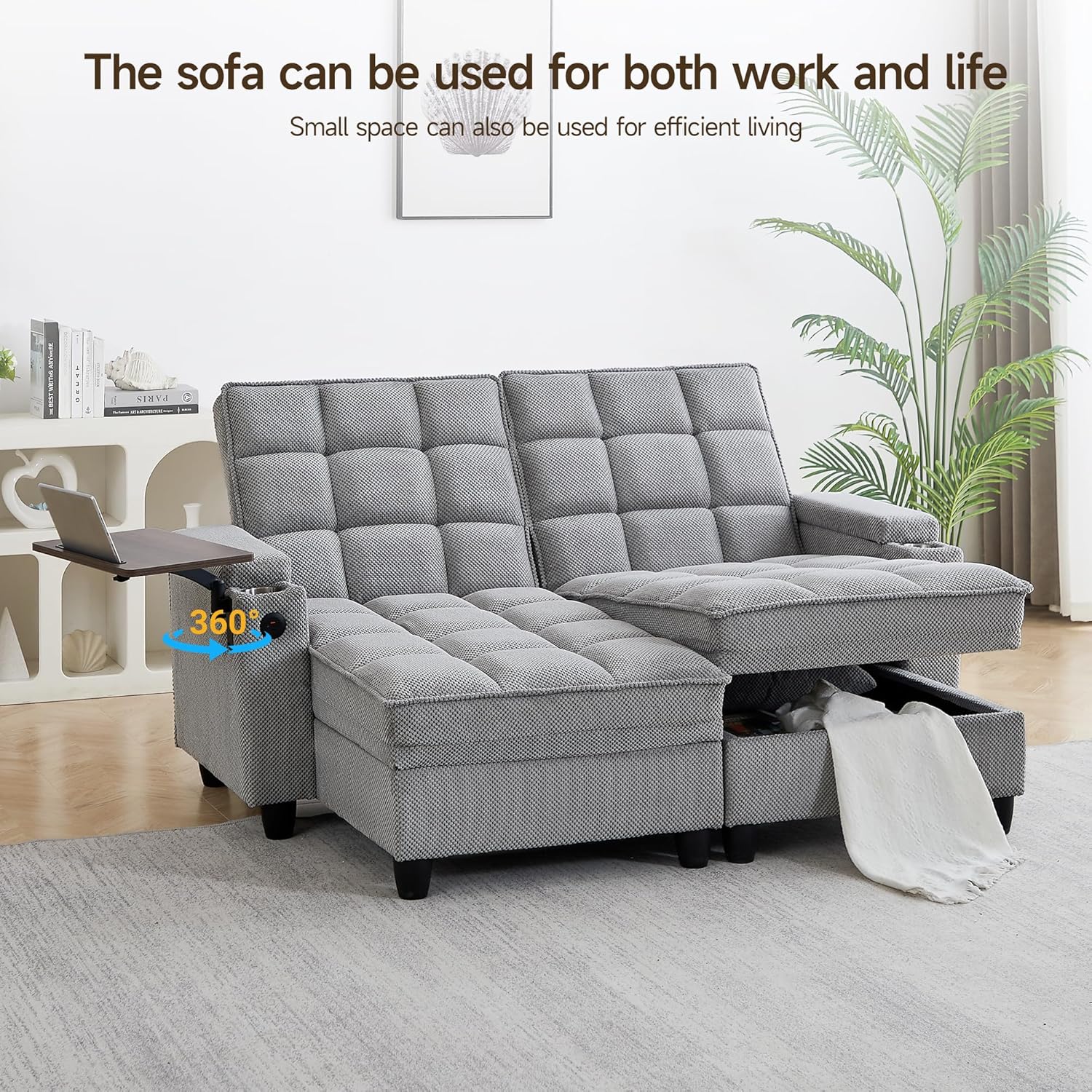 70.9' Chaise Lounge Chair Indoor, Oversized Boucle Upholstered Sofa Bed, Adjustable Backrest Deep Seat Reading Chair, Sofas Couches for Living Room with Storage, Cup Holders and 360° Swivel Side Table