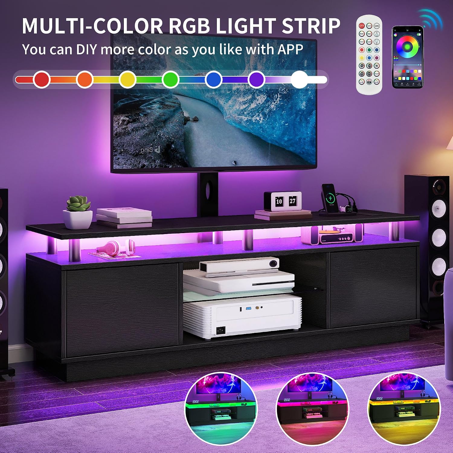 DWVO Black TV Stand for 75/70/65 inch TV with Mount & Power Outlet, Modern LED TV Stands for Living Room, Entertainment Center with Storage, Television Stand, Gaming Media Stand, Black