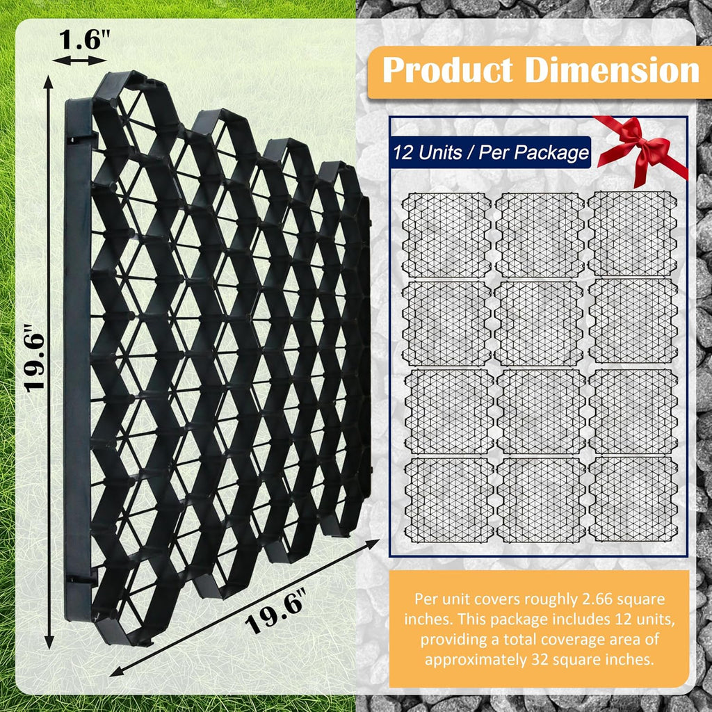 12 Units Permeable Pavers Gravel, Grass& Gravel Driveway System, Interlocked Pavers Gravel Grid Black PE Shed Base 1.6' Depth, 32 Sq Ft (12)