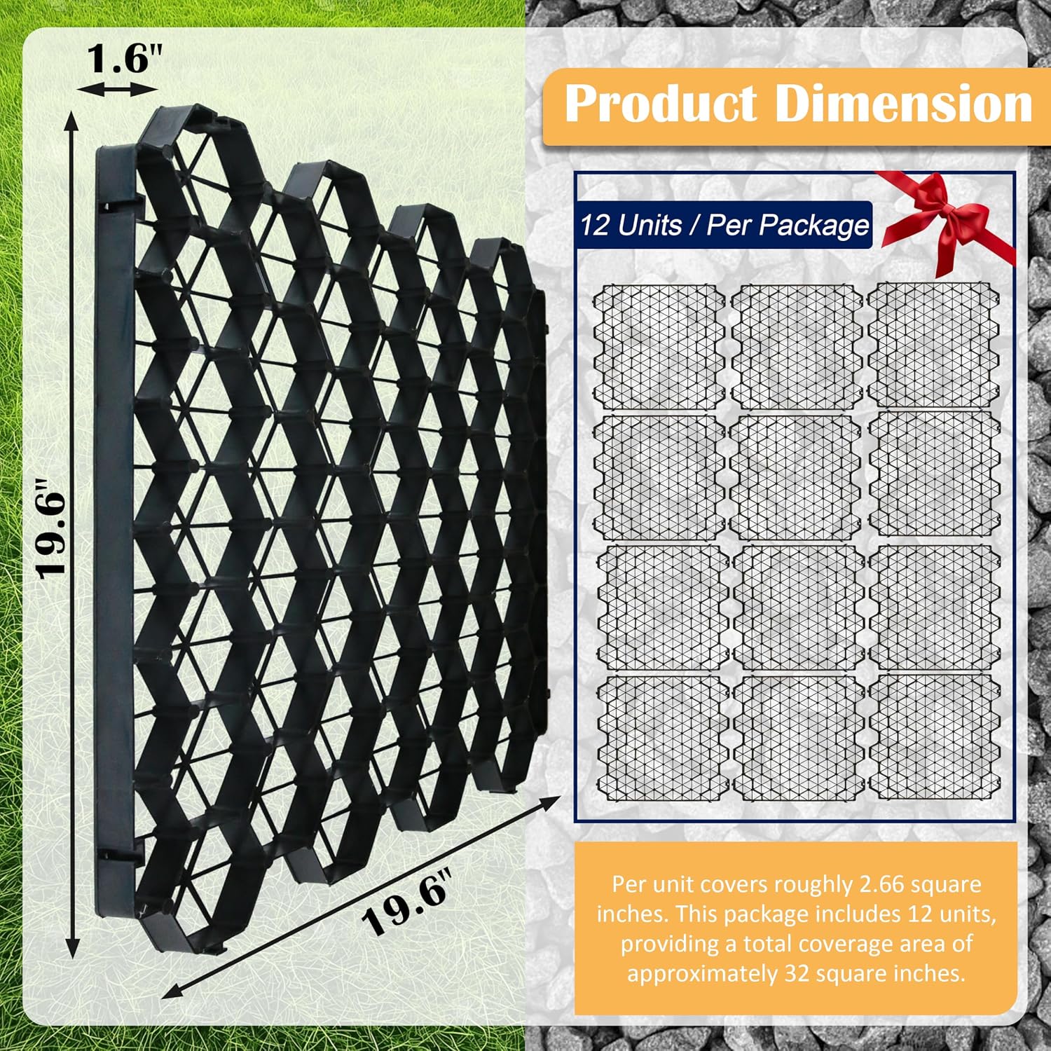 12 Units Permeable Pavers Gravel, Grass& Gravel Driveway System, Interlocked Pavers Gravel Grid Black PE Shed Base 1.6' Depth, 32 Sq Ft (12)