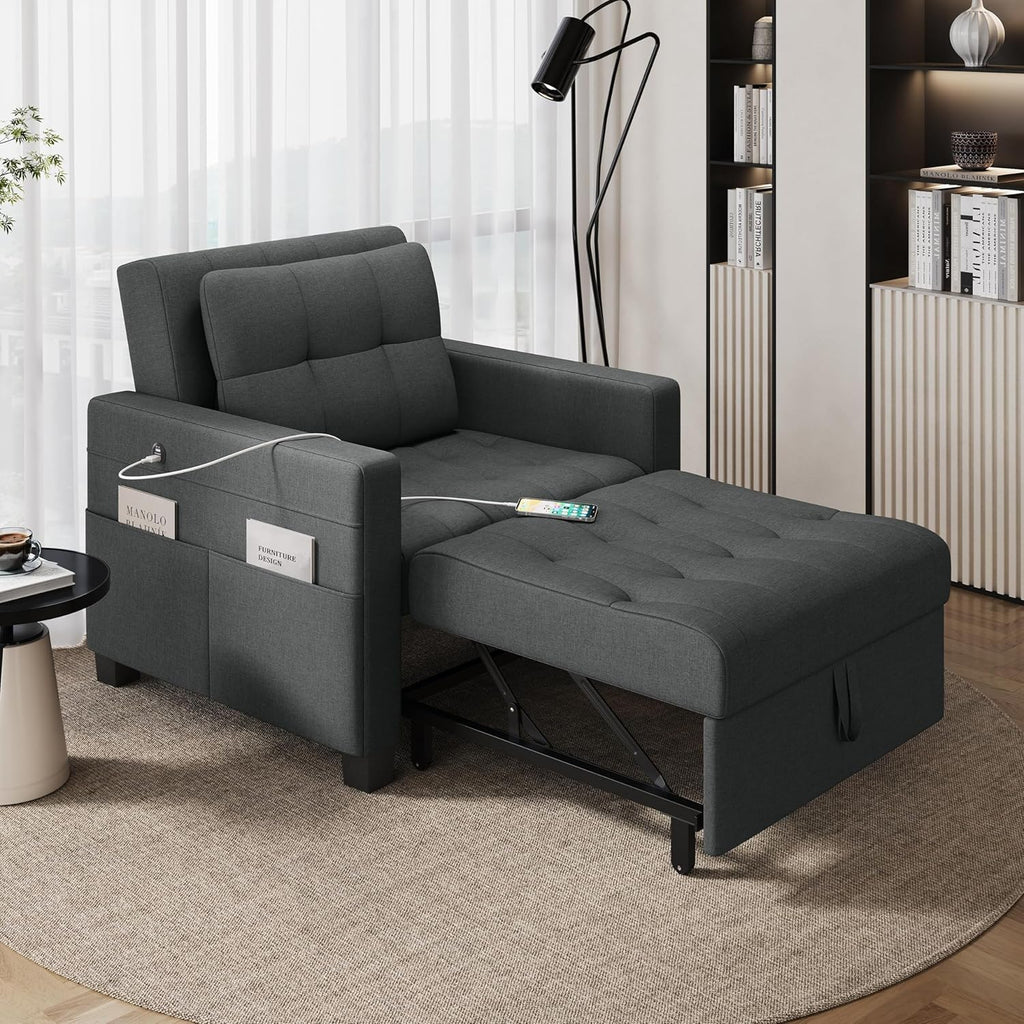 Yaheetech Sleeper Chair Convertible Chair Bed Fabric Futon Sofa Bed 3-in-1 Adjustable Sleeper Couch with 2 USB Ports for Living Room Limited Space Office Apartment, Dark Gray