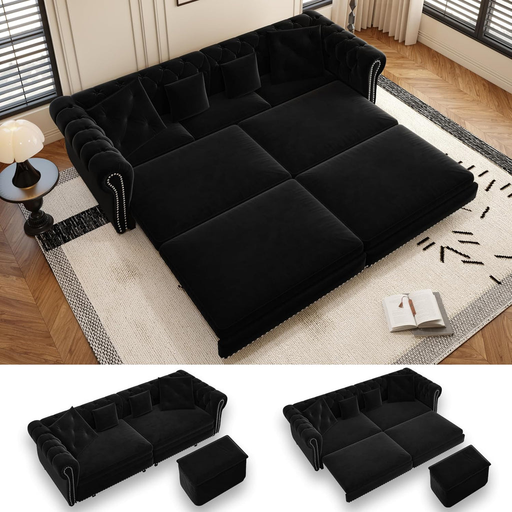 89' King Pull Out Sofa Bed, Velvet Chesterfield Sleeper Sofa Couch, 3 in 1 Convertible Tufted Futon Couches with Ottoman for Living Room, Small Space, Apartment, Office, Bedroom, Black