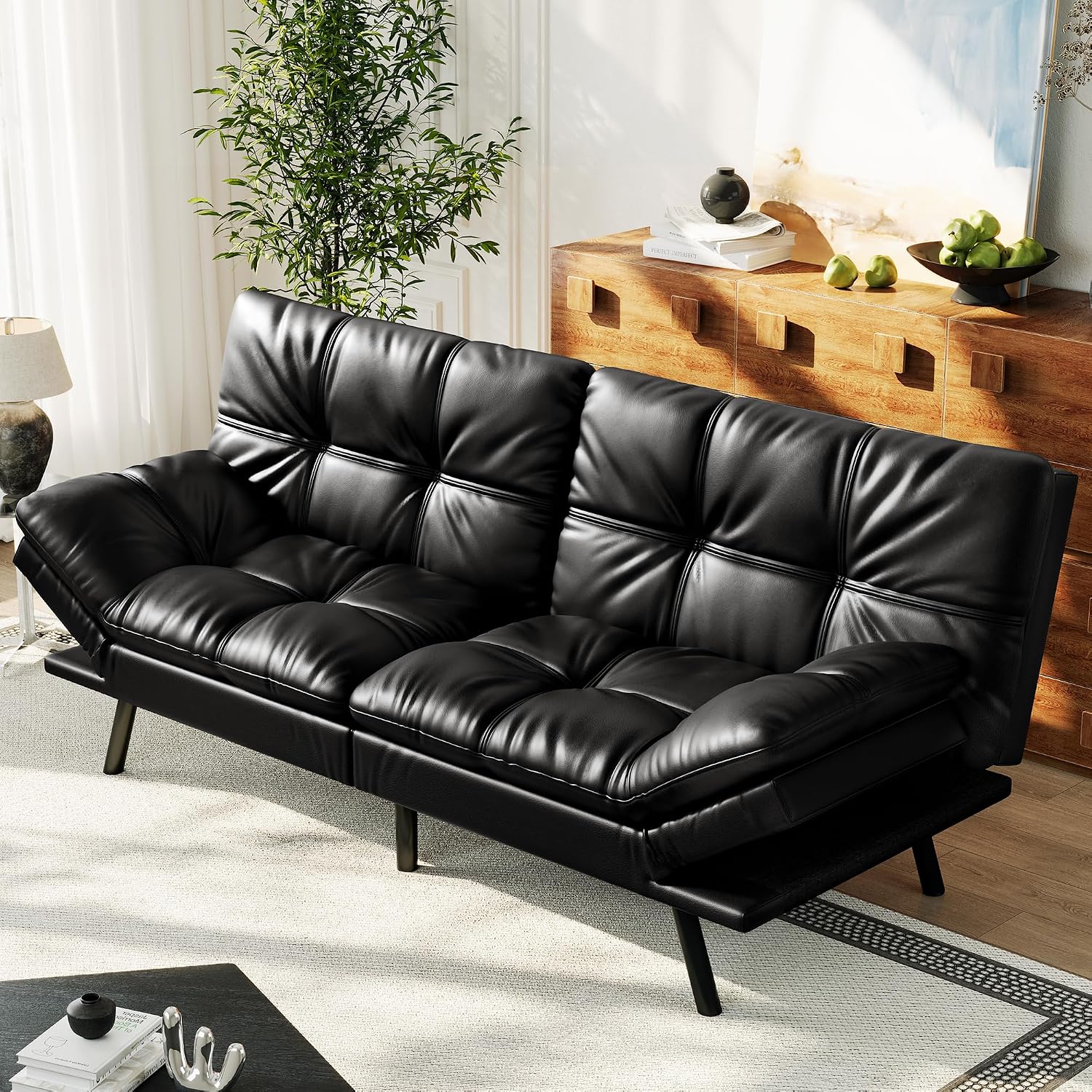 71' Convertible Futon Sofa Bed,Bright Black Faux Leather Futon Couch,Memory Foam Reclining Sleeper Sofa Bed,Modern Folding Small Loveseat Couches for Living Room,Office,Apartment