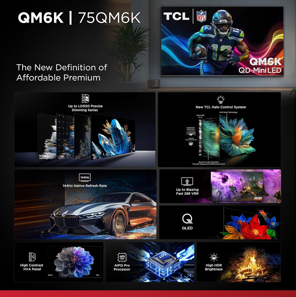 TCL 75 Inch Class QM6K Series | Mini LED QLED 4K HDR | 75QM6K, 2025 Model | 120HZ-144HZ High Brightness Smart Google TV Dolby Atmos Onkyo Audio | Voice Remote Alexa Gaming Streaming Television