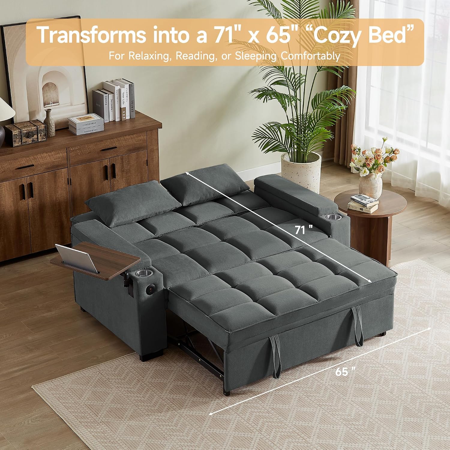 hansones 66' Multi-Functional Pull-Out Sofa Bed with Hidden Side Table, Storage Armrests, Built-in Charging Port, Spring Mattress, Solid Wood Frame – Ideal for Small Spaces, Easy Assembly