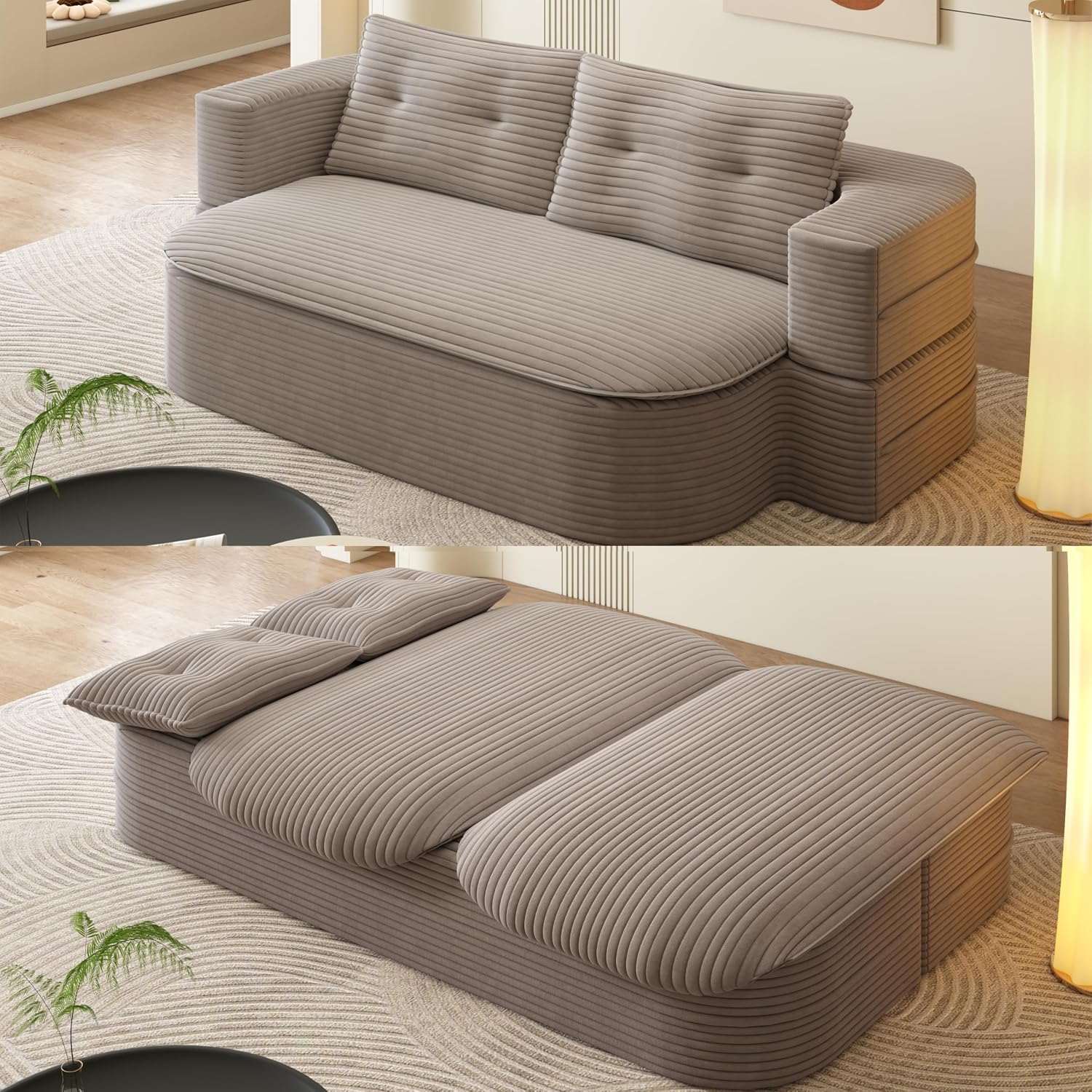 78.7' Futon Sofa Bed, 2-in-1 Foldable Sleeper Sofa, Convertible Sofa Bed with Pillows, Corduroy Couch with Multi Functional Blanket Upholstered Boneless Couches for Living Room, Brown