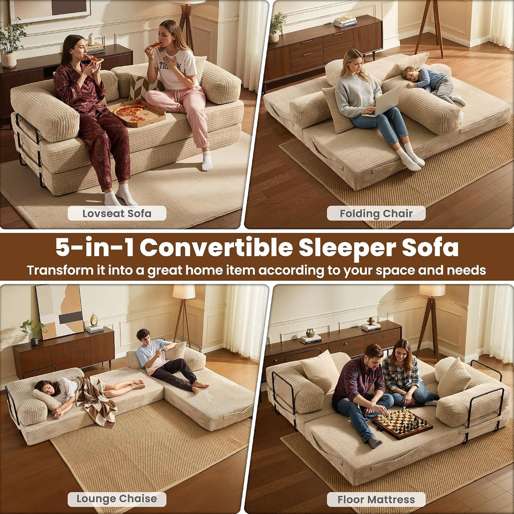 ovios 81' Folding Sofa Bed, Foldable Sleeper Boneless Couch with Pull Out Beds, Modular Convertible Floor Futon Loveseat Lounger for Living Room (Corduroy, Beige)