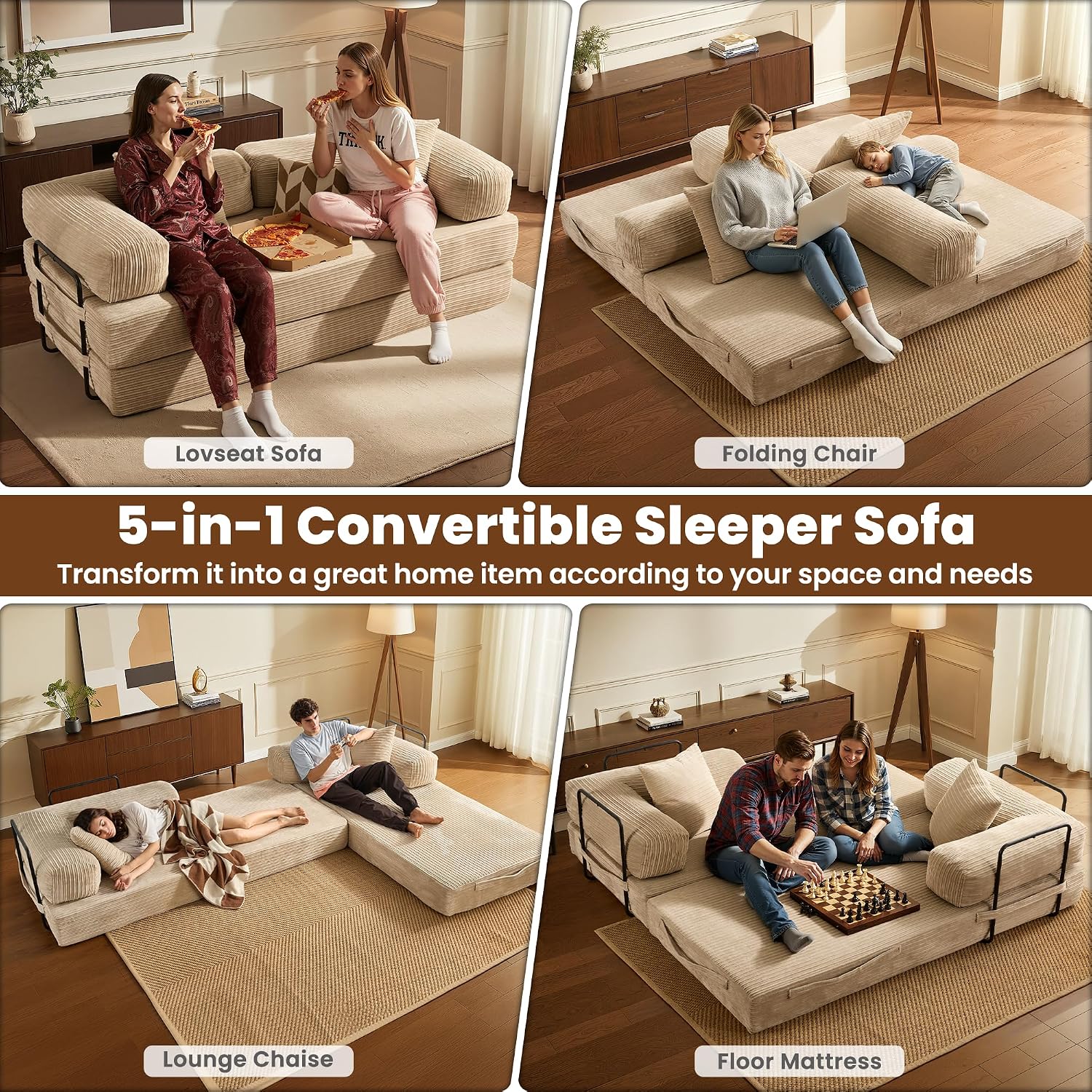 ovios 81' Folding Sofa Bed, Foldable Sleeper Boneless Couch with Pull Out Beds, Modular Convertible Floor Futon Loveseat Lounger for Living Room (Corduroy, Beige)