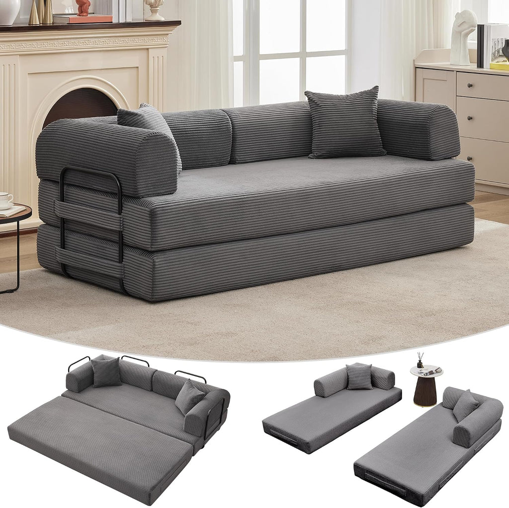 IDEALHOUSE 4 in 1 Convertible Sleeper Sofa Bed Couch, 79 Inch Boneless Corduroy Floor Couch with Pillows, No Assembly, Modern Deep Seat Sofa Futon Mattress for Living Room,Apartment,Gray