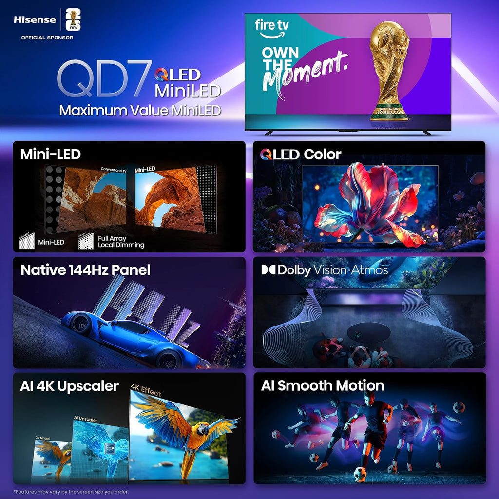 Hisense 100' Class QD7 Series Mini-LED 4K UHD Smart Fire TV (100QD7QF, 2025 Model) - QLED, 144hz, HDR10+, Dolby Vision, Dolby Atmos, Game Mode Pro, ALLM, Alexa Built in with Voice Remote, Black