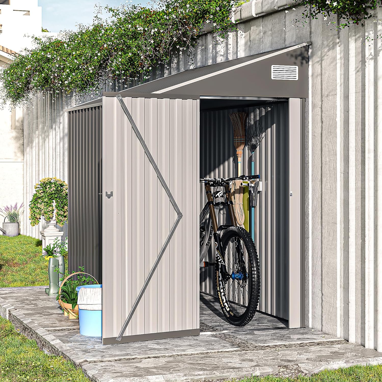 YOPTO 4x8 FT Outdoor Metal Storage Shed,Waterproof Lean to Tool Sheds,Heavy-Duty Unit with Single Hinge Side Door and Ventilation Windows,Weather Resistant,for Backyard,Patio,Lawn,Dark Gray