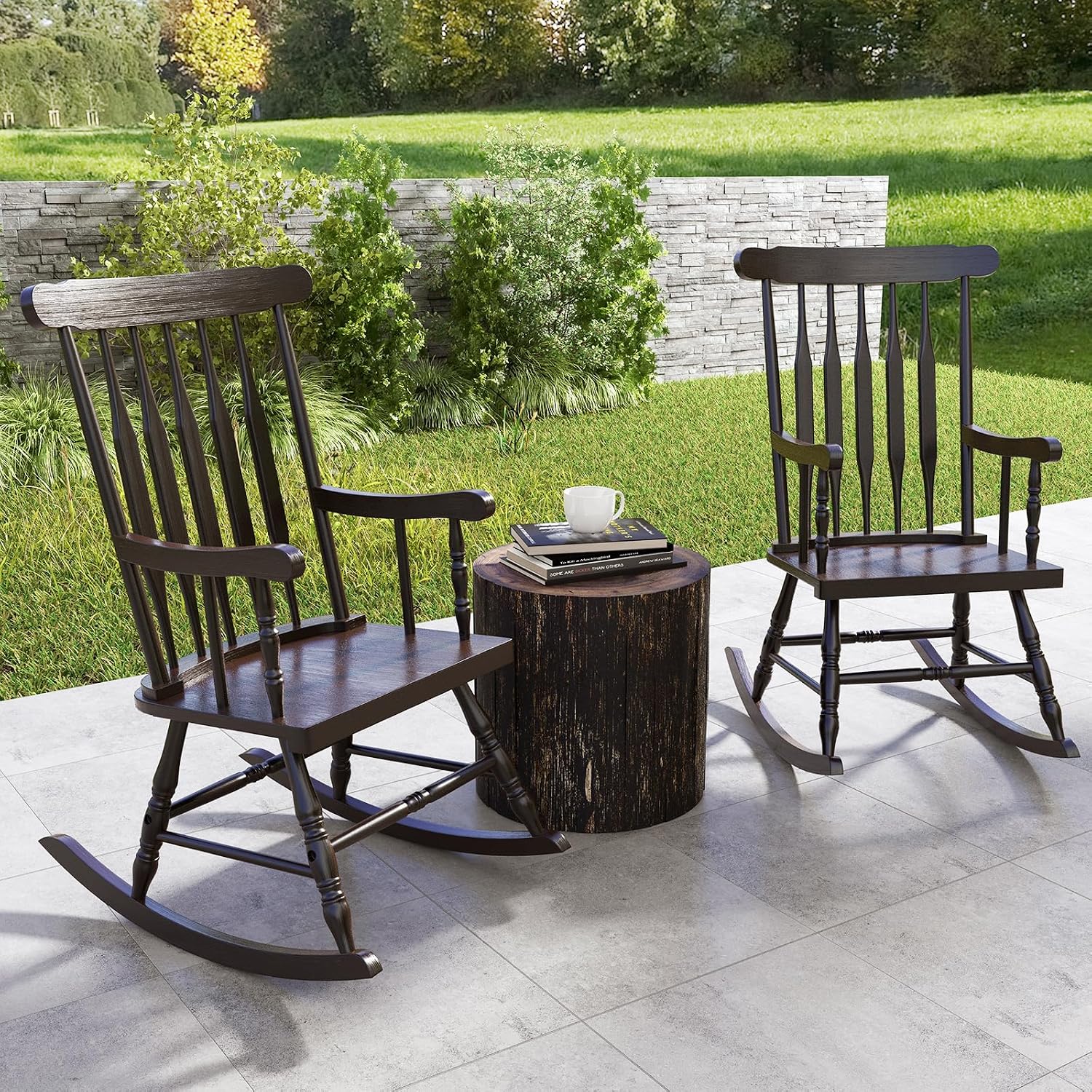 Tangkula Patio Rocking Chair Solid Rubber Wood, Outdoor Porch Rocker Chair with Rubber Wood Frame, Indoor Wooden Rocking Chair, Ideal for Garden, Backyard & Balcony (2, Espresso)