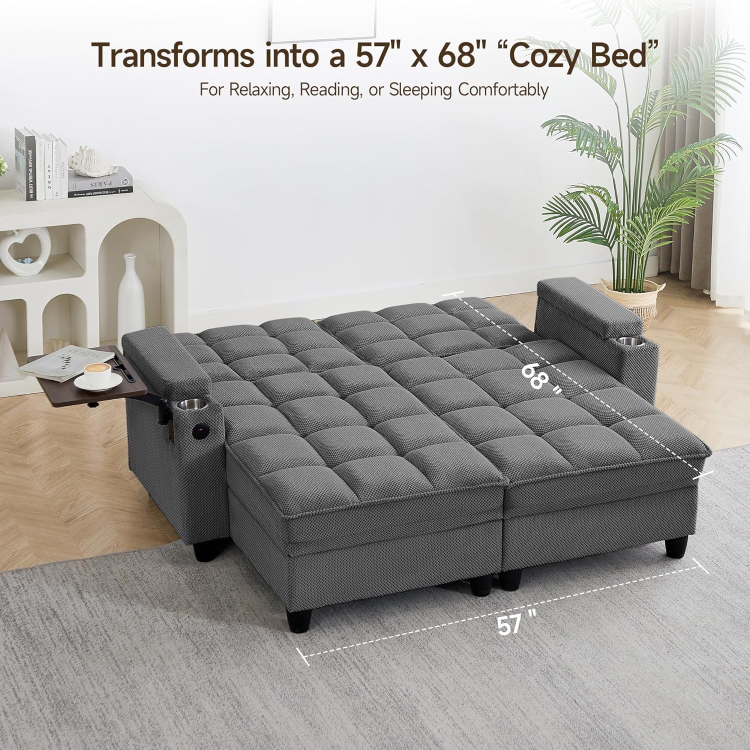 70.9' Chaise Lounge Chair Indoor, Oversized Boucle Upholstered Sofa Bed, Adjustable Backrest Deep Seat Reading Chair, Sofas Couches for Living Room with Storage, Cup Holders and 360° Swivel Side Table