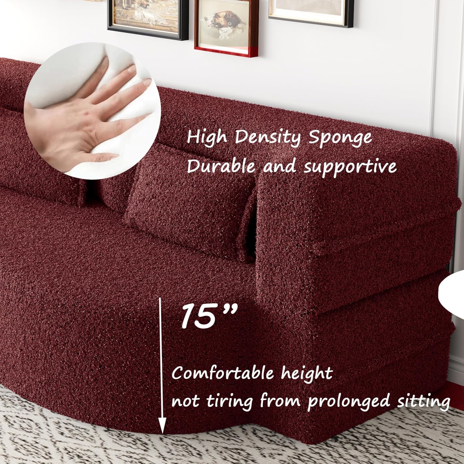 2-in-1 Folding Convertible Sofa Bed,78 Inch Convertible Boneless Couch with Pilow Foldable Matress, Teddy Loveseat Sleeper Pull Out Bed Floor Sofa Modular Futon Couch (Teddy, Burgundy)