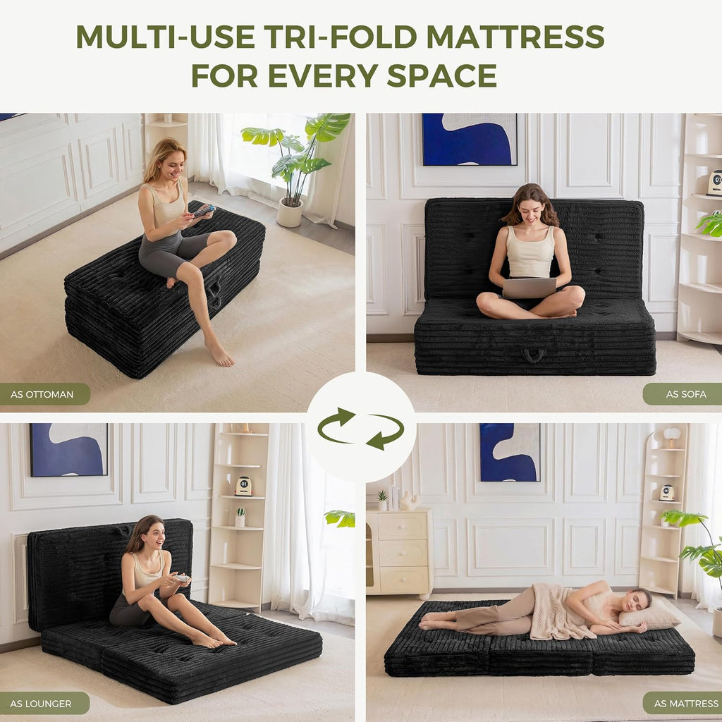 MAXYOYO Folding Sofa Couch Bed, 6 Inch Tri-Fold Floor Sofa Bed, Folding Mattress with Handles, Soft Faux Fur Folding Bed with Supportive Foam Filling, Portable Couch for Living Room, Queen, Black