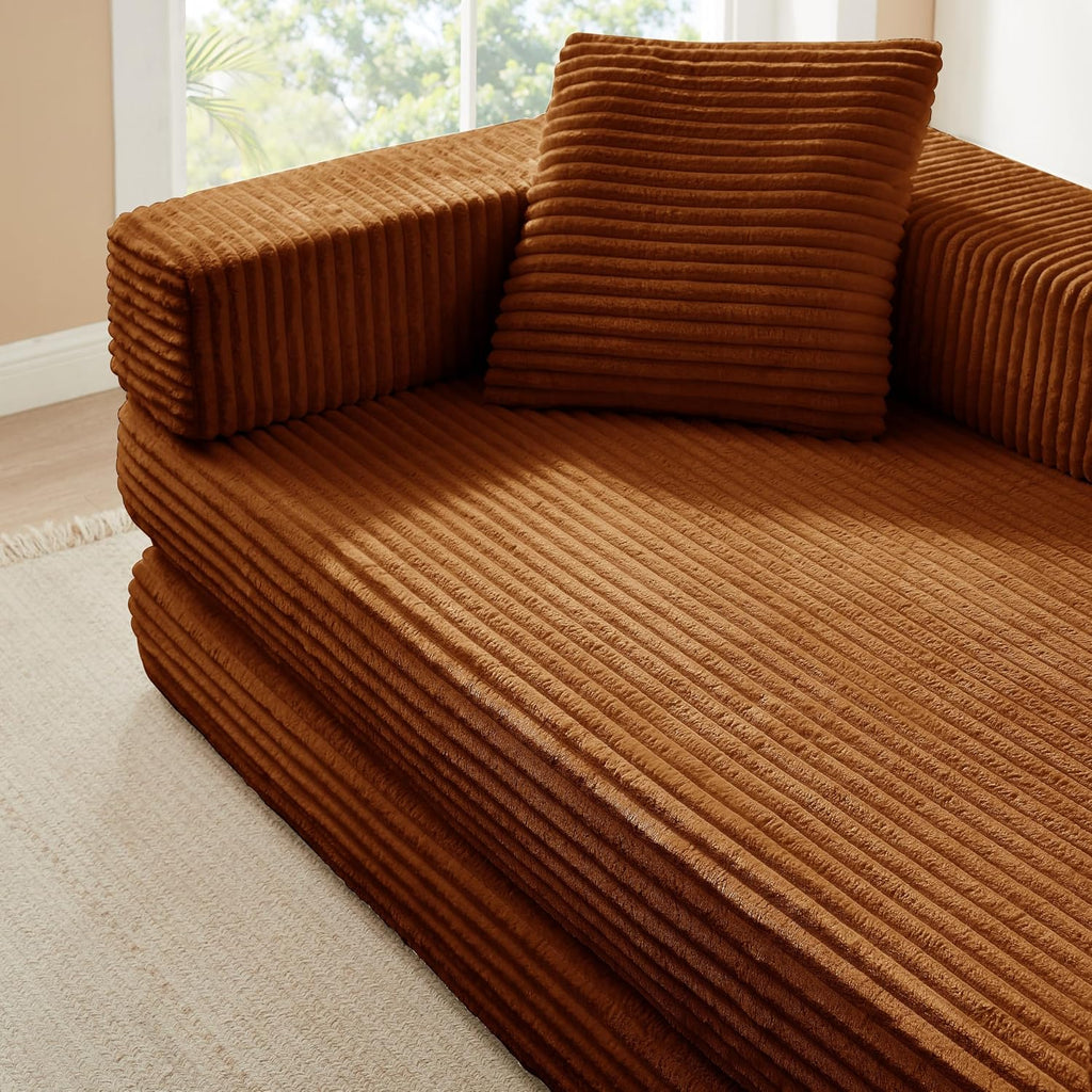 81'' Futon Sofa Bed, Folding Floor Couch Bed, Corduroy Fabric Boneless Couch, Compressed Boneless Sofa in a Box, Comfy Sleeper for Living Room-Orange
