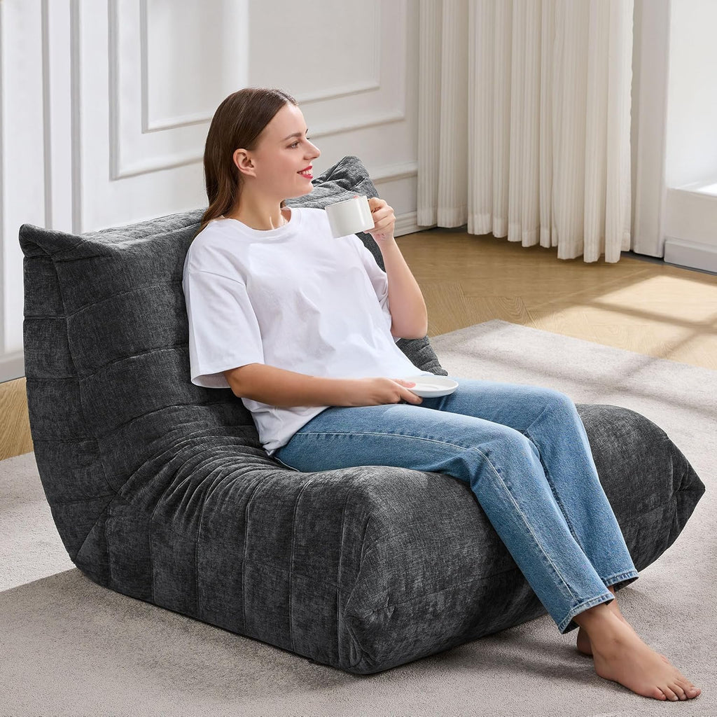 Bean Bag Chairs for Adults Giant Bean Bag Chair Memory Foam BeanBag Chair Bean Bag Sofa with Filler Faux Fur Fireside Beanbags Lazy Sofa for Living Room Bedroom Office (Darkgrey Chenille, Single)