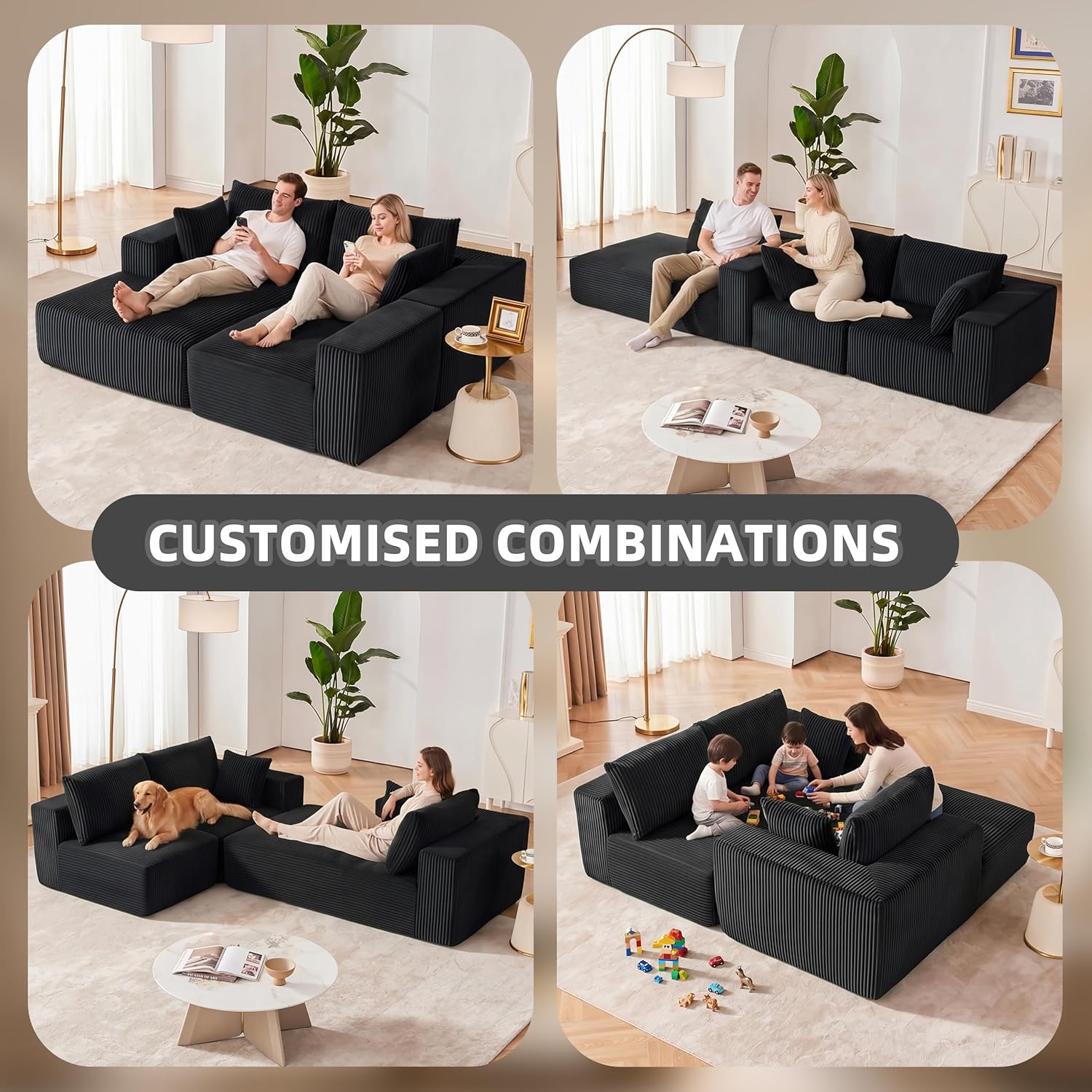 108' Modular Sectional Sofa, Cloud Sectional Couch with Deep Seat, Modern Modular L-Shape Sofa Couch with Chaise,Upholstered Boneless Couches for Living Room Bedroom (Black, Right Facing Chaise)