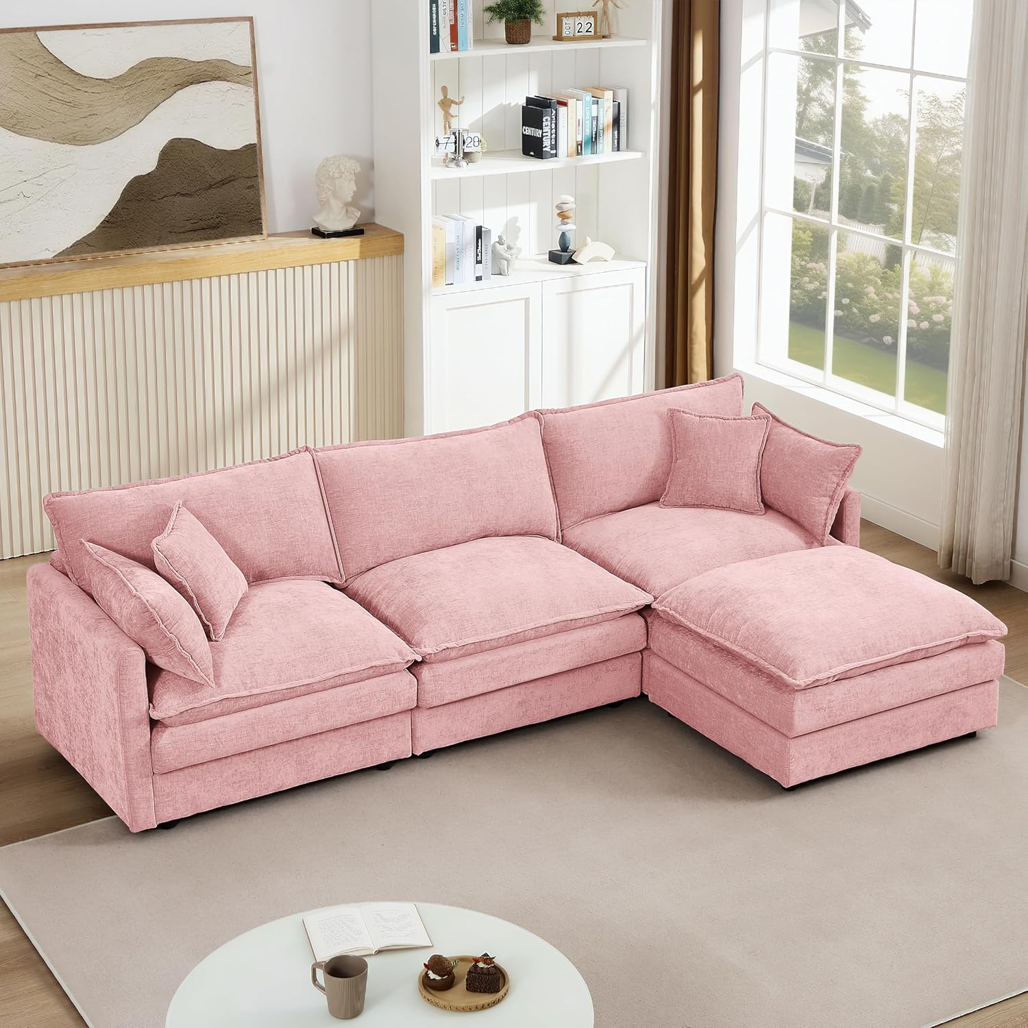 Eafurn Oversized Reversible Modular Sectional Sofa with Movable Ottoman, 4 Seater Convertible L Shaped Corner Couch Modern Chenille Sofa Set w/Double Layers Seat Cushions for Living Room Apartment