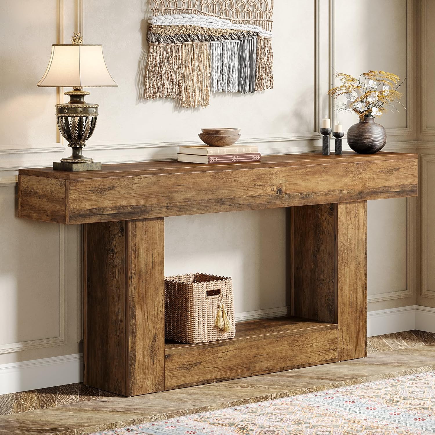 Tribesigns 63' Console Table, Farmhouse 2-Tier Entryway Table with U-Shaped Base, Narrow Long Wood Sofa Table Behind Couch Table for Living Room, Hallway, Foyer, Vintage Brown