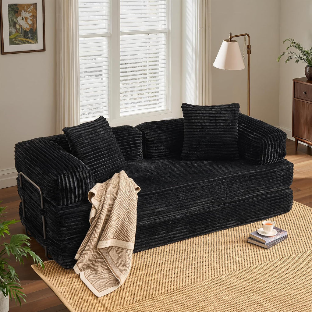 ovios 81' Folding Sofa Bed, Foldable Sleeper Boneless Couch with Pull Out Beds, Modular Convertible Floor Futon Loveseat Lounger for Living Room (Faux Fur, Black)