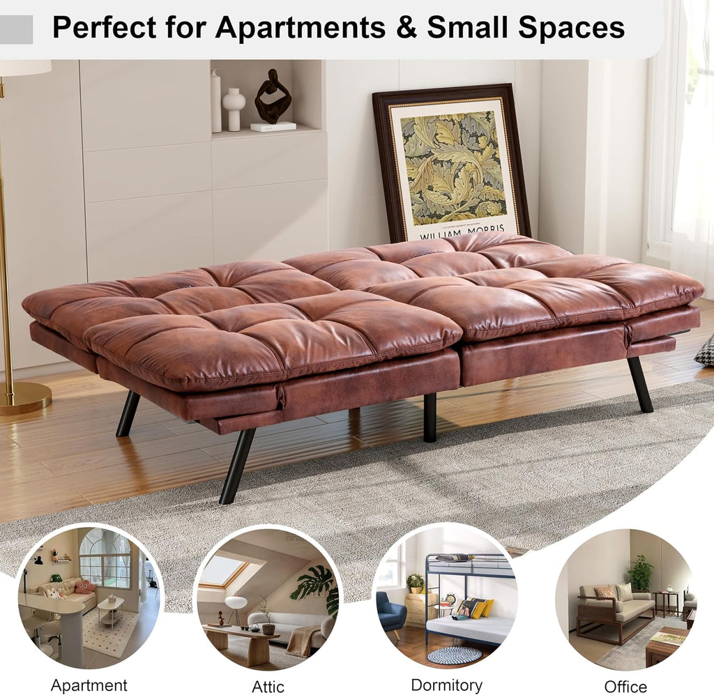 MUUEGM 71' Futon Sofa Bed, Memory Foam Convertible Faux Leather Futon Couch Bed with Adjustable Backrest & Armrest, Modern Loveseat Sleeper for Living Room and Small Apartments, Vintage Brown