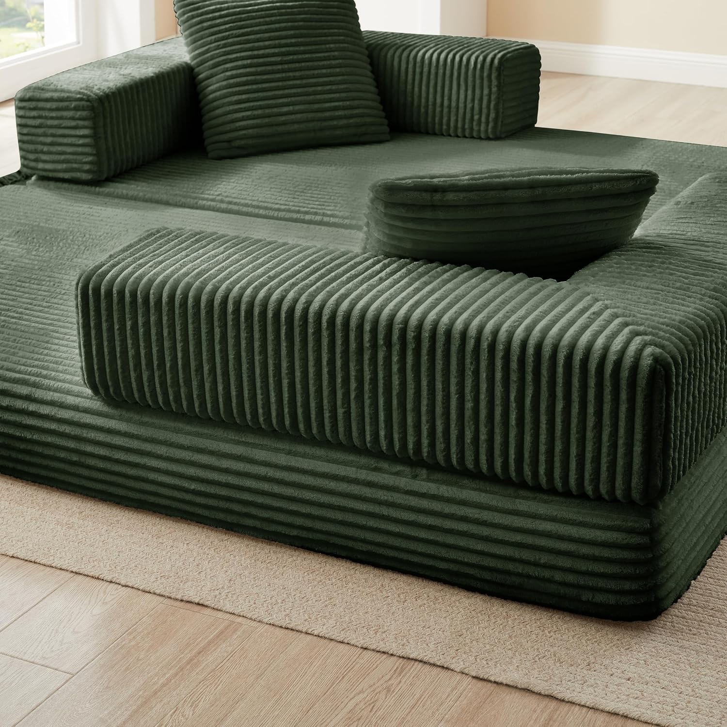 81'' Futon Sofa Bed, Folding Floor Couch Bed, Corduroy Fabric Boneless Couch, Compressed Boneless Sofa in a Box, Comfy Sleeper for Living Room-Green