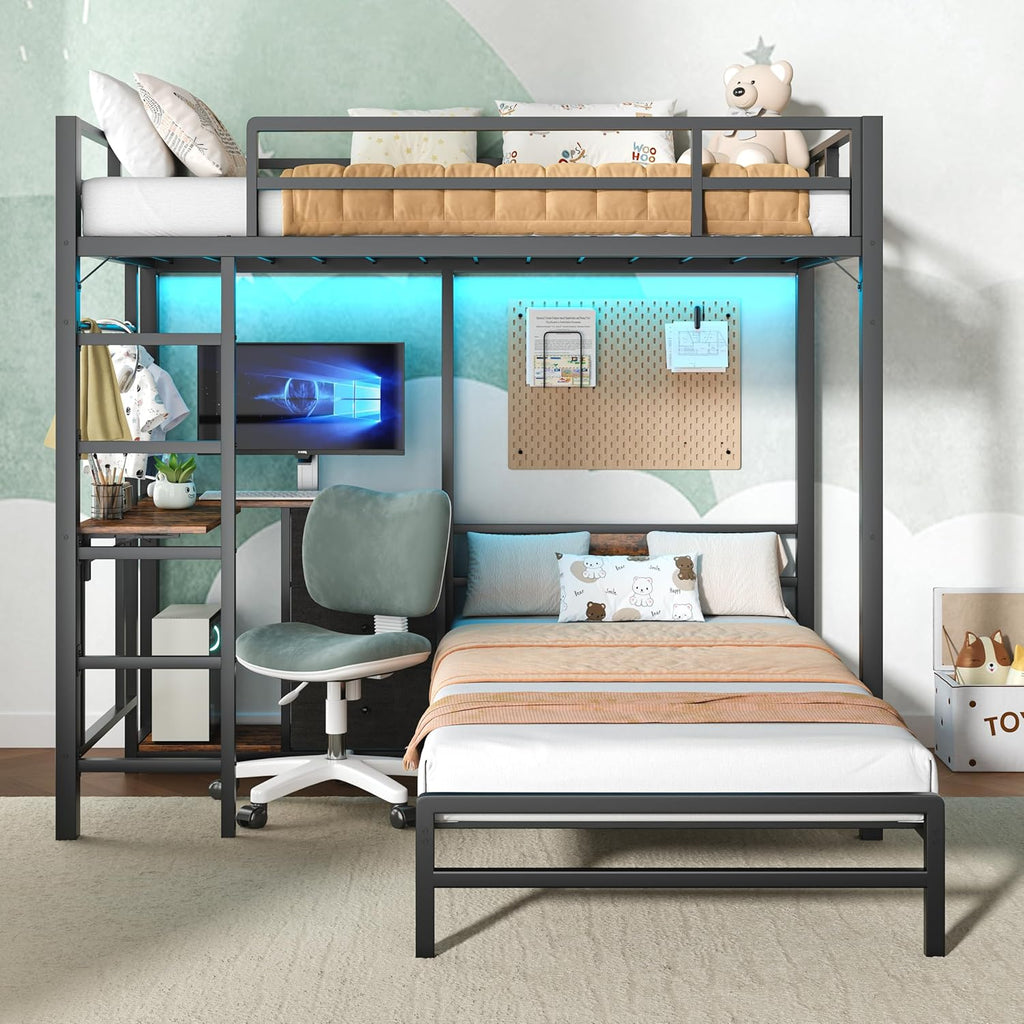 Bellemave Twin Over Twin bunk Bed with Desk and LED Charging Station, loft Bed with Desk and Shelves 3 Storage Drawers, Twin Metal Bunk Beds with Storage, Black
