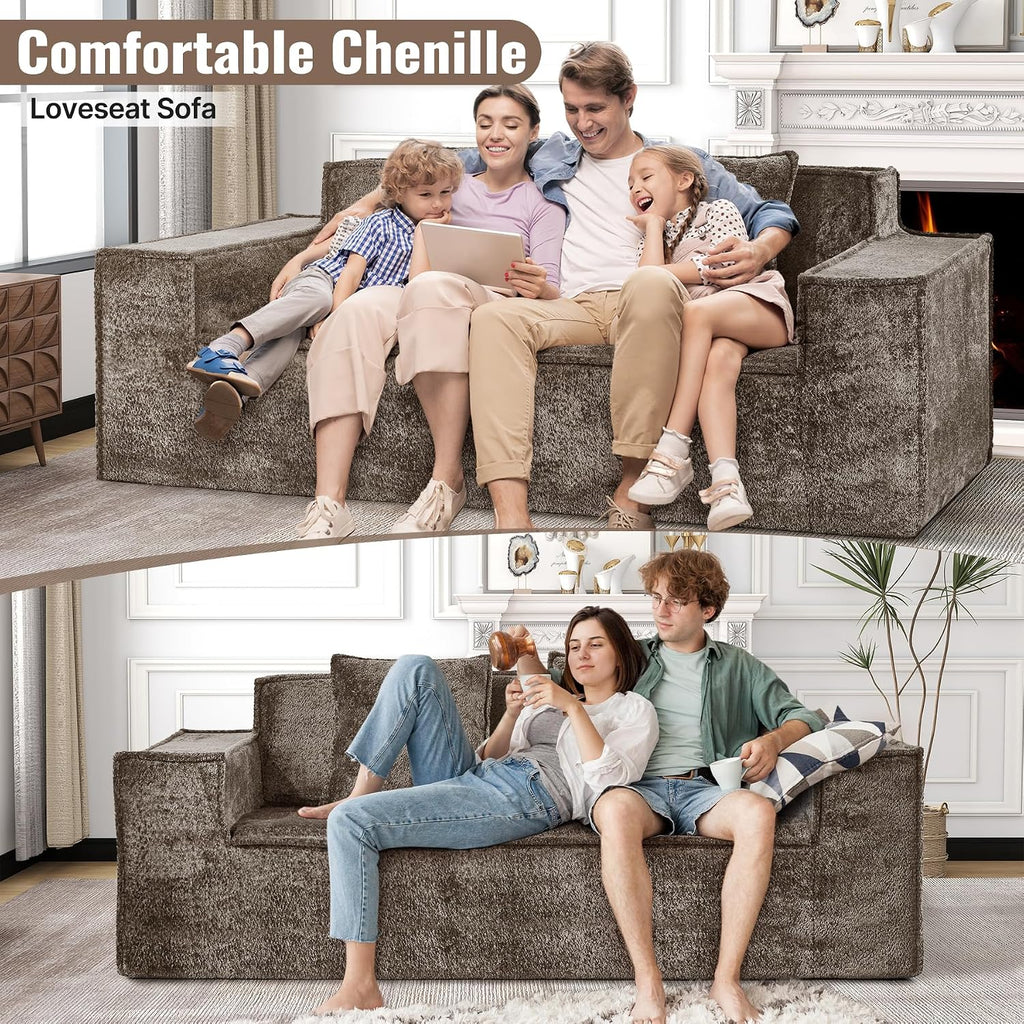 77'' Modern Cloud Loveseat Sofa in Chenille, Deep Seat Boneless Couches Includes 2 pcs Pillows for Living Room, Bedroom, Apartment(Coffe)