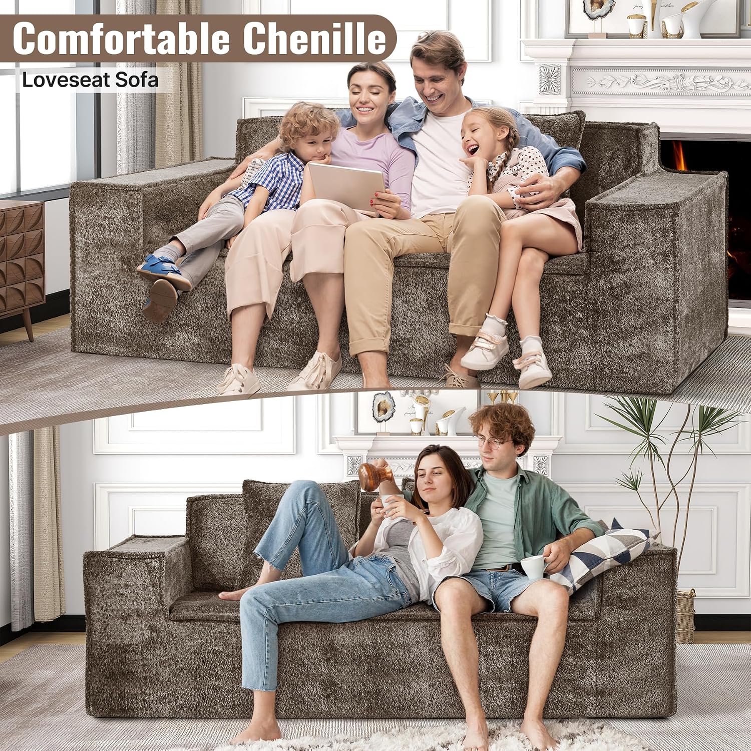 77'' Modern Cloud Loveseat Sofa in Chenille, Deep Seat Boneless Couches Includes 2 pcs Pillows for Living Room, Bedroom, Apartment(Coffe)